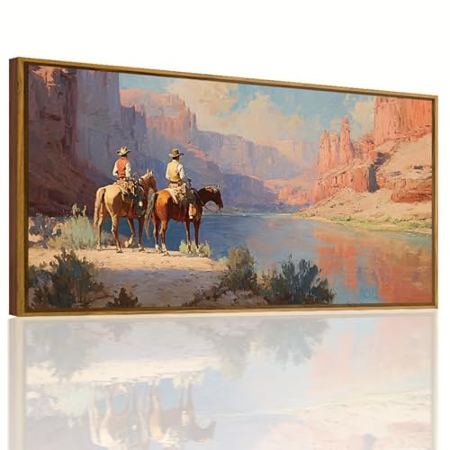 QTUSYUR Western Cowboy Wall Art - Large Farmed Desert Landscape Art Print -Rodeo Horseback Riding Canvas Artwork for Farmhouse Boys Bedroom Living Room- Mid-Century Modern Wall Picture for Home Decor 20×40 IN - style: cowboy