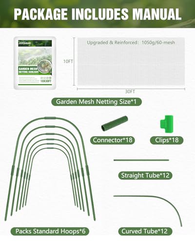 6 Sets Garden Hoops with 10x30 Ft Netting for Raised Beds, 18 Clips | 10x30 Ft Garden Net, Bird & Cicada Net for greenhouse, Vegetables, Trees, Garden crops, Plant cover, Frost guard, Shade cloth - color: Green-10*30ft