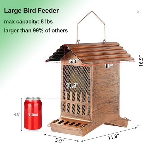 Large Bird Feeder, Extra Large 8 Lbs Capacity with 2-Side Feeding, Weatherproof Wasteproof Hanging Metal Bird Feeders for Outdoor, Easy to Clean & Refill