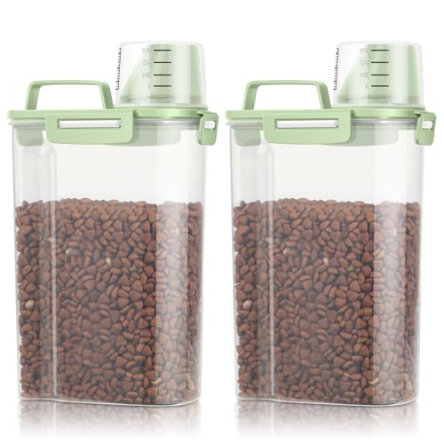 TBMax Small Dog Cat Food Storage Containers 2 Pack, Travel-Friendly Pet Food Container with Spout & Measuring Cup, Kid-Friendly Pet Feeding Dispenser, Portable Dog Treat Bird Seed Container - color: Green -2Pcs 3Qt