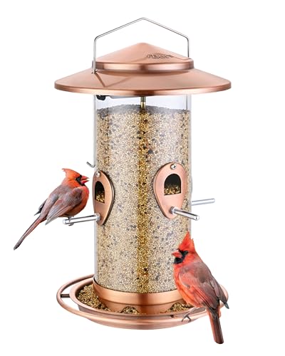 iBorn Metal Bird Feeder for Outside Hanging,Wild Bird Feeders for Cardinal,17.8cm Large Roof&Tray Copper-Plating 10 Port(Seed is not Included) - color: Copper-Plating,2.8LB,10Port
