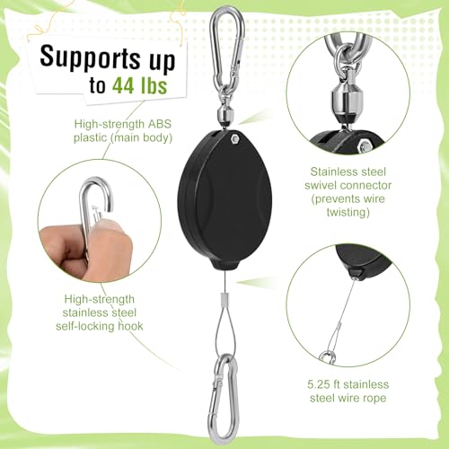 Plant Pulleys for Hanging Plants, Heavy Duty Retractable Hangers | 304 Stainless Steel Rope, Auto Plant Holder, Adjustable Climbing Hook for Garden Baskets Watering, or Bird Feeders - color: Black-4