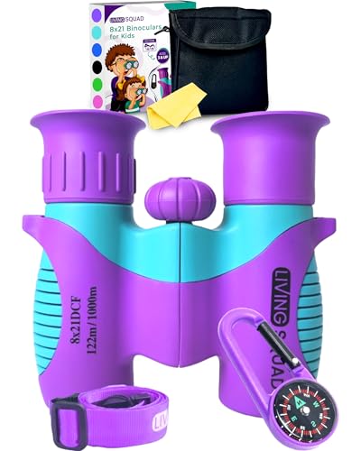 Kids Binoculars Ages 3-12, 8x21 Compact Shockproof Purple | bird watching, hiking, outdoor adventures, includes carry case, neck strap, compass, carabiner, high resolution optics - color: Purple