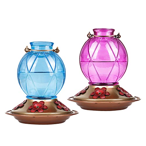 Hummingbird Feeders for Outdoors Hanging, Glass Hummingbird Feeder, Wild Bird Feeder with Five Feeding Ports, 20 Ounces, 2 Pack, Purple and Blue, Birthday Gifts for Women Men, Gifts for Mom Dad