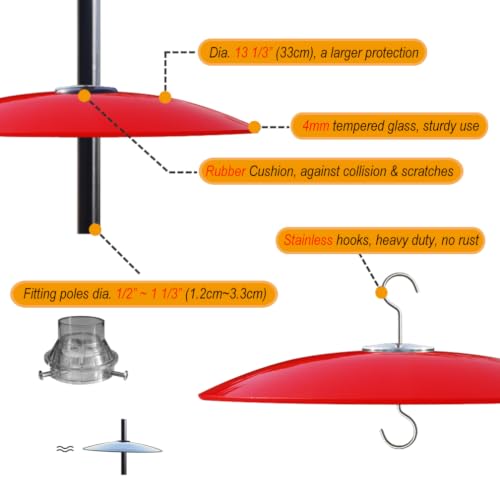 13" Large Glass Rain Cover for Bird Feeder, Red Weather Guard Dome Shield | Stainless Hooks & Shatterproof Squirrel Baffle, Dual Use on Shepherd Pole or Hook Hanging, Bird House Protector, Dia. 33cm - color: Red, size: 1PC/Pack