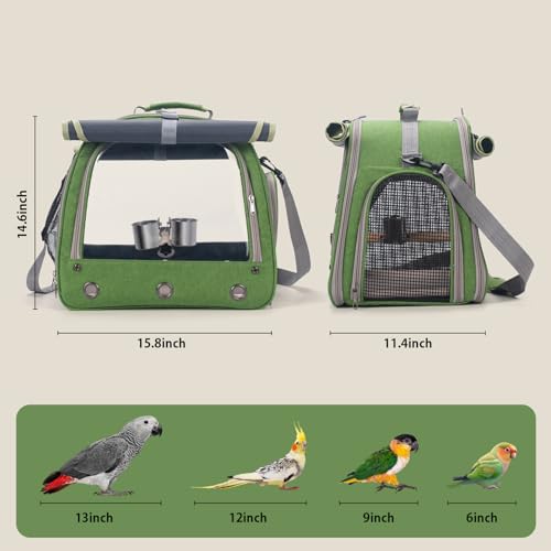 Bird Carrier Parrot Travel Cage with Perch, Food Bowl, Tray and Breathable Clear Window, Bird Travel Bag for African Gray Cockatiel Caique Conure Quaker, for Vetting Camping Hiking (Green) - color: Green