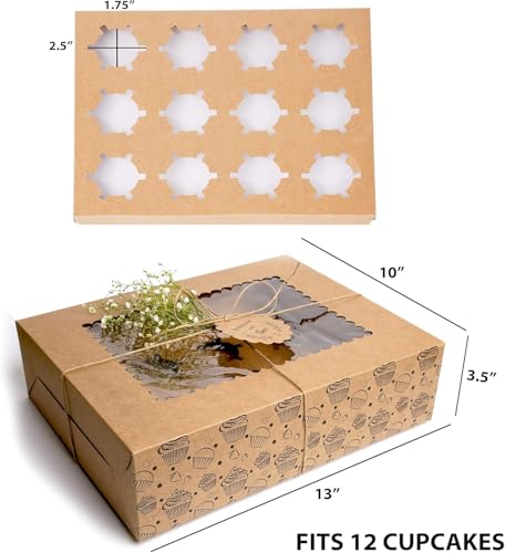 20-Pack Cupcake Boxes Bulk, Cupcake Holder with Lid, Disposable Cupcake Containers,Food Grade Kraft Bakery Boxes with Window to Fit 12 Cupcakes, Cookies,Muffins,Pastry, Long Treats