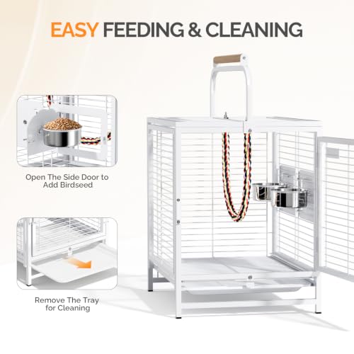 VINGLI Small Bird Cage, 19 inch Travel Carrier Bird Cage with Handle, Wrought Iron Parakeet Cage with Wooden Perch for Parrot Lovebirds Finches Small/Medium Birds (White) - color: White
