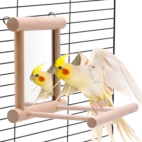 Bird Mirror Parakeet Mirror Perch Stand Wooden Swing Mirror Toy Cage Accessories for Cockatiel Parakeet Budgie Lovebird Small Parrots - size: 1 Pcs