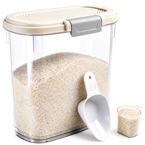Large Rice Storage Container 15-20 Lbs, Tall Flour Container Dry Food Bin | Slim Food Container with Scoop, Cup for Cereal, Sugar, Beans, Pet Dog Cat Food, Kitchen and Pantry Storage Organization - color: Cream White