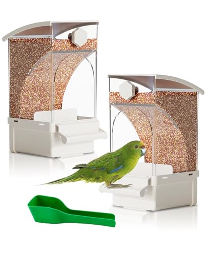 Hamiledyi 2Pcs Automatic Birds Feeder No Mess Bird Cage Feeder Transparent Acrylic Parrot Seed Food Container with Perch Bird Cage Accessories for Parakeet Finch Lovebirds Budgies Canary (White) - color: White Feeder - 2 PCS