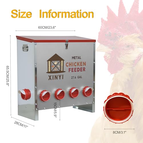 XINYI Automatic Metal Chicken Feeder, 27.6 Gallon Large Capacity with 10 No Waste Ports, Gravity Feeder with Locking Lid & Riveted Handles, Rodent Proof and Weatherproof for Your Chicken Coop - size: 10 ports