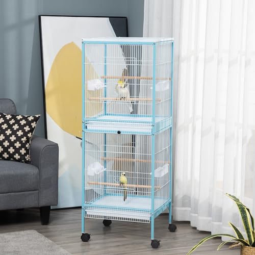 PawHut Large Bird Cage 1.7 ft. Width for Wingspan 55", Light Blue | Bird Aviary Indoor, Multi-Door Design, Fit for a Canary, Finch, Conure - color: Light Blue
