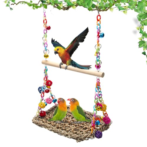 Bird Swing Mat with Wood Perch, AHIER Seagrass Bird Hammock for Conures with Chewing Toy for Parakeets, Budgie, Cockatiel Cage Accessories - color: Light Wood Pole