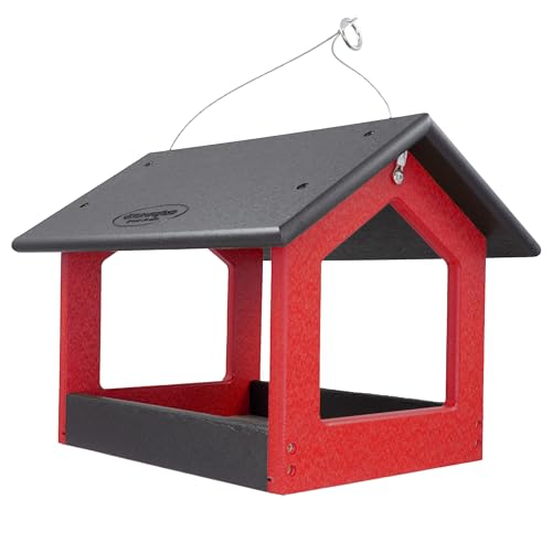 DutchCrafters Amish USA Made Recycled Plastic Large Hanging Modern Fly Through Covered Roof Open Platform Tray Bird Feeder for Outdoors, Garden, Yard (Black & Red) - color: Black & Red