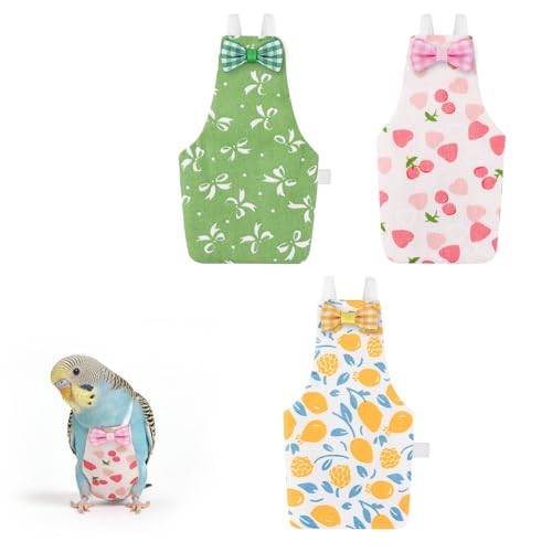 Bird Diaper Flight Suit, 3-Packs Lightweight Reusable Washable Elastic-Straps Parrot Clothes for Peony/Monk Parakeet, Prevents Poop Leaks & Feather Pecking (Bow+Lemon+Cherry, S) - color: Bow+Lemon+Cherry, size: S