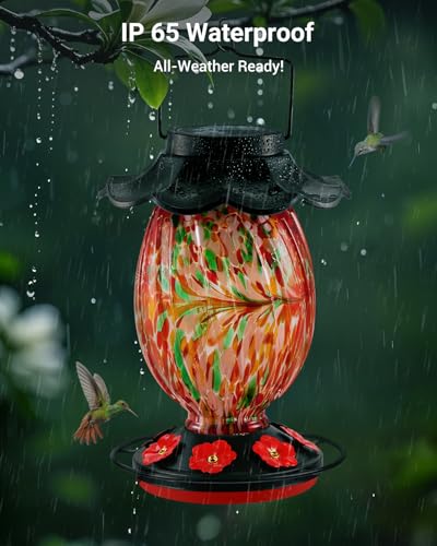 HouseSapp Solar Hummingbird Feeder - 49 fl.oz Hand Blown Glass Color Changing - 7 Feeding Ports with Perch - Never Leak - Perfect Hummingbird Feeder - color: Red