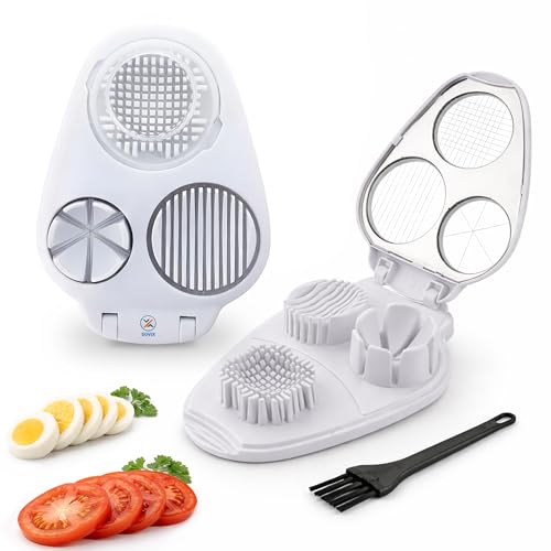 Egg Slicer for Hard Boiled Eggs – 3-in-1 Stainless Steel Egg Cutter & Hard Boiled Egg Slicer, Heavy Duty Egg Chopper with Cleaning Brush for Strawberry, Mushroom, Grape, Cherry Tomato