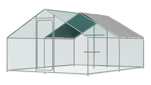 Chicken Coop Large Metal Chicken Run, Outdoor Walk-in Poultry Spire Roof Cage with Chicken Perch for Hen House, Duck Coop and Rabbit Run, Silver (9' L x 13.1' W x 6.56' H) - size: 157.5"L x 118.1"W x 78.7"H