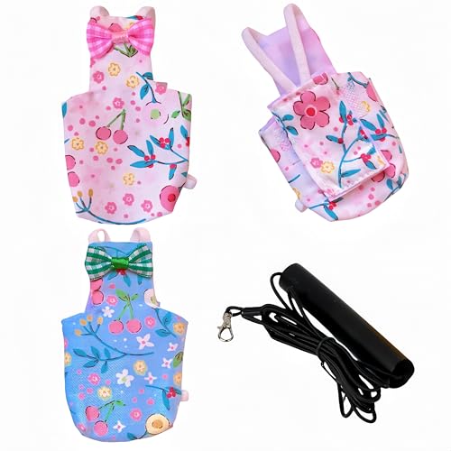 2 Pcs Bird Diapers Bird Harness Flight Suits Diapers with 80in Flying Leash Reusable Parrot Nappy with Waterproof Inner Layer for Cockatiel Budgie Conure Parakeet Lovebird-Blue&White