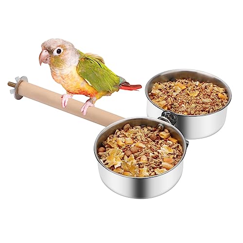 Bird Wood Stand Perch with Food Water Feeding Bowl for Parrot Parakeet Cockatiel Cage Accessories (B: Perch with 2 Feeder Bowls)
