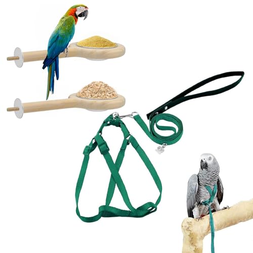 ASOCEA Adjustable Bird Harness and Leash, 2 Pack Bird Food Stainless Steel Cups for Yellow Naped Amazons Galah Cockatoos Small to Medium Breed Parrots Fits Birds Chest