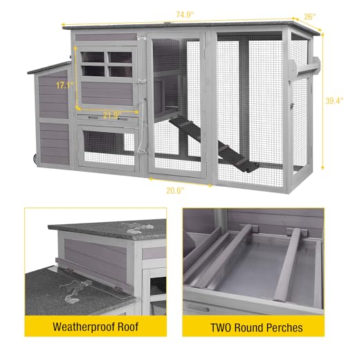 Aivituvin Chicken Coop Mobile, Chicken House with Wheels, Wooden Hen House Poultry Cage with Nest Box and Large Run -78in - color: Grey+White