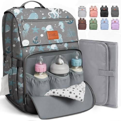 Baby Diaper Bag Backpack - Backpack Diaper Bag w/Large Capacity - Baby Shower Gifts - Waterproof Travel Diaper Bags w/Changing Pad, Insulated Bottle Holders, Padded Straps - Baby Boy Stuff - color: G. Ocean, style: Classic