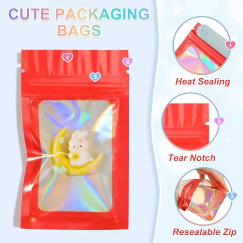 ANZNKU 100PCS Holographic Red Mylar Bags, Resealable Smell Proof 2.7x3.9 | with Clear Window, Small Business Jewelry Candy Treat Sample Party Favor Packaging, Plastic Sealable Zip Goodie Gift Baggies - color: Red, size: 2.7 x 3.9 Inch