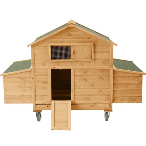 Large Chicken Coop with Wheels, Waterproof Outdoor Hen House for 6-8 Chickens, Movable Chicken House with Two Nesting Box, Removable Tray, PVC Cover, Wooden Duck Coop Rabbit Hutch - size: 60.2"L x 32.6"W x 57.8"H