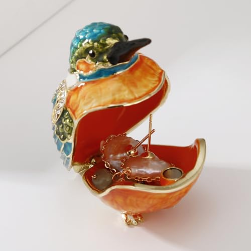 Hand Painted Enamel Kingfisher Trinket Box, Hinged Unique Mini Ring Necklace Jewelry Organizer, Classical Bejeweled Storage, Figurine Collectible Keepsake Home Decor (Kingfisher) - color: Kingfisher