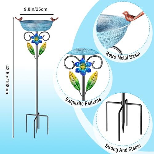 Metal Outside Bird Bath, 42“ Freestanding Garden Birdbath for Outdoor, Blue | SHUONIVS Bird Baths Feeder Bowl Detachable Decoration Spa Birdfeeder forPatio Yard Lawn Decor, 10" Dia Bowl with Stake - style: Blue+Flower