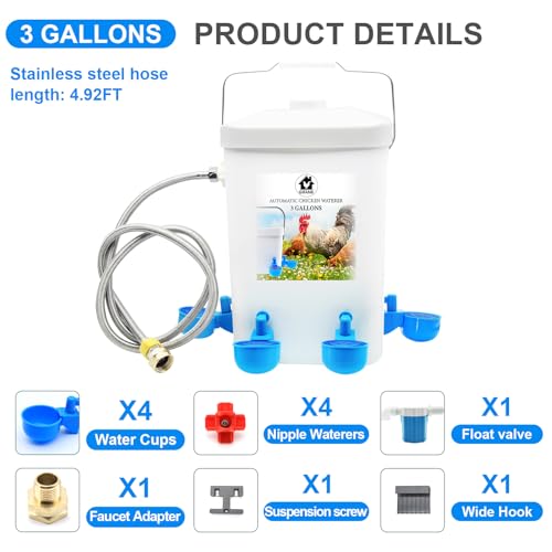 Automatic Chicken Waterer Float Controlled, 3 Gallons Poultry Waterer Dispenser with Hose Attachment, Poultry Automatic Drinking Accessories for Chicks, Duck, Goose, Turkey - size: 3 Gallon with water cup