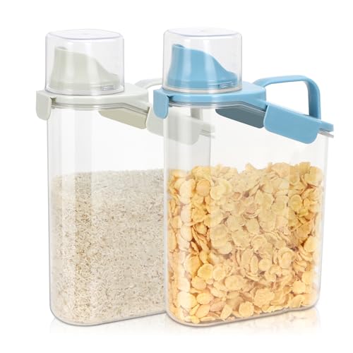 TBMax 2 Pack Rice Container Cereal Storage Container 3.2 Quarts, Kitchen Pantry Dry Food Storage Holder with Easy-Pouring Spout & Handy Cup, Small Pet Dog Cat Food Dispenser for Daily Feeding - color: Beige&Blue 3.2+3.2Qt