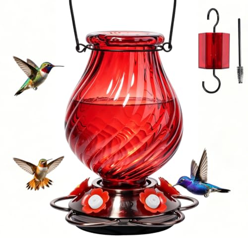32 oz Glass Hummingbird Feeders for Outdoors Hanging,Large Capacity Hummingbird Feeder with Ant Moat and 5 Flower Feeding Ports,Birthday Gifts for Mom Dad,Outdoor Garden Decor,Red - color: Red-B