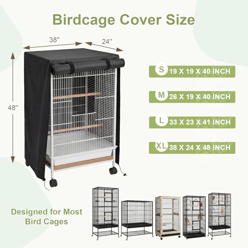 Black Bird Cage Cover Size XL, 38" L x 24" W x 48" H | Adjustable with Zipper Panel and Velcro, Block Light, Waterproof, Good Night for Parrot and Small Animals - size: 38" L x 24" W x 48" H (XL)