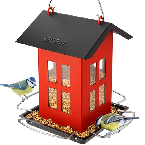 iBorn Bird Feeder House, Metal Bird Feeders for Outdoors Hanging,Double-Sided Metal Hanger & Weatherproof, Easy to Clean & Refill, 2.2 Lbs Capacity, Red - color: Red