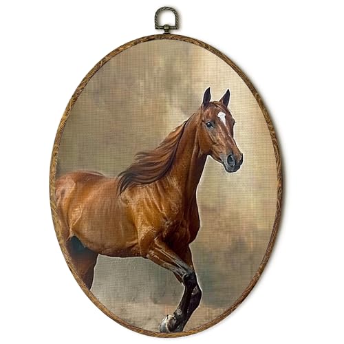 EGVQK Horse Racing Decor Oval Wall Art, Vintage Western Decor Framed Canvas Prints Wall Art, Equestrian Oval Canvas Hanging Decor for Cottage Farmhouse Boys Room Bedroom Gym Decorations, 8.5x11.5in - color: animal_17