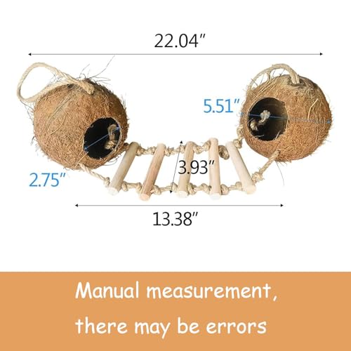 Bird Coconut Hides Nest with Ladder Parrot Cage Hanging Natural Coco Shell Hut Hide Toy with Wooden Bridge Hollow Hideaway Toys for Parakeet Lovebird Finch Canary 2PCS - size: 2PCS 22.04*13.38in