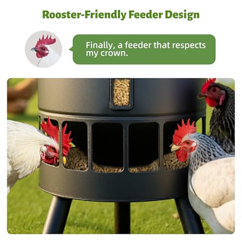 KOL 50LB Metal Chicken Feeder - No Waste, No Clog Design with 16 Ports & Smooth Gravity-Flow, Powder Coated Rust-Proof for Coop Use (Black) - color: Black