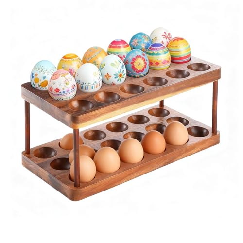 Linwnil Acacia Wood Egg Holder for 36 Eggs, Rustic Countertop and Refrigerator Storage Tray, Farmhouse Kitchen Organizer with 1.5" Holes, Easy Clean Deviled Plates for Easter Decor,11.5" x 5.75" (2)
