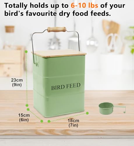 Morezi Bird treat and food storage tin with wooden lid and scoop included - green powder - carbon steel - birds food bin - pet food container storage canister - color: Green wood lid