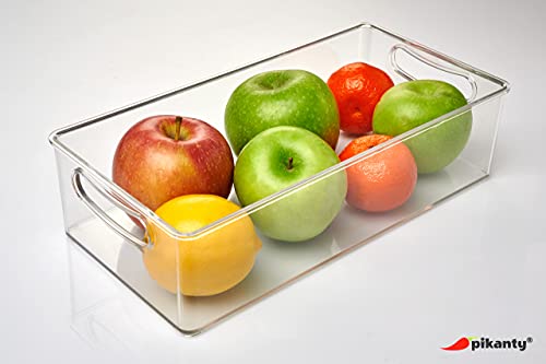 Pikanty Clear Refrigerator Organizer Bin with Handles — 11 Inch Compact Stackable Fridge and Pantry Storage Container for Snacks, Yogurt, Condiments, Dishwasher Safe, Made in USA - style: Organizer Bin Medium