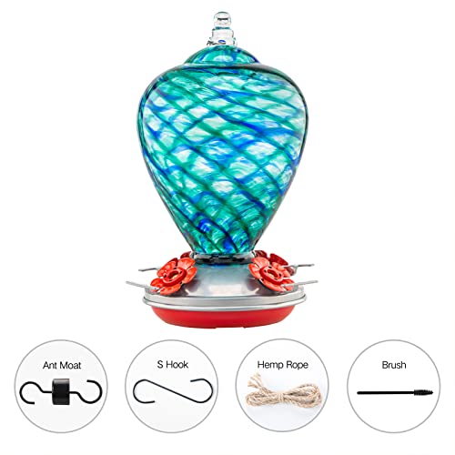 Hummingbird Feeders, 34OZ Hand Blown Glass Hummingbird Feeder for Outdoors Hanging with Ant MoatHooks, Perfect for Gardening Yard Patio Decor Gifts (Blue Mermaid) | Decorative Self Hanging Nectar Bird Feeder for Hummingbirds, Garden Patio Yard Use - color