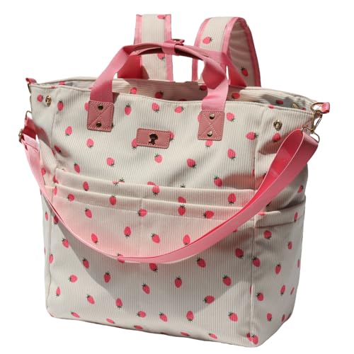 Diaper Tote Bag Totepack Backpack Crossbody Bag 3 in 1 for Women Laptop Backpack Multifunctional with Insulated Pockets - color: Corduroy Pink Strawberry