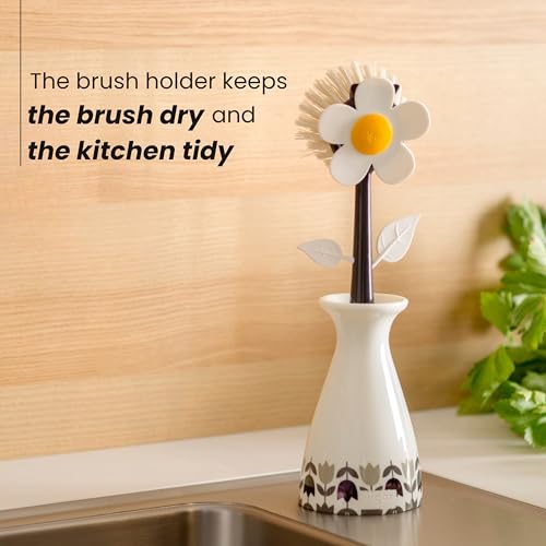 Vigar Flower Power Dish Brush with Handle and Vase Holder - White, Black | Flower-Shaped, Scrub Brush for Dishes, Dishwashing Brush, Kitchen Scrub Brush, Pot Scrubber, Kitchen Essentials - color: White