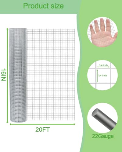Hardware Cloth 16in x 20ft 1/4 Inch 22 Gauge, Hot-Dipped Galvanized Welded Wire Mesh, Low Carbon Steel, Animal Cage Wire Netting, Garden Wire Mesh - size: 1/4inch 16in×20ft