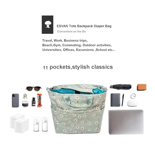 Diaper Tote Bag Totepack Backpack Crossbody Bag 3 in 1 for Women Laptop Backpack Multifunctional with Insulated Pockets - color: Corduroy Matcha Daisy