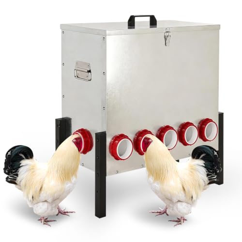 100LB Automatic Chicken Feeder with Cover – Large Capacity Metal Chicken Coop Feeder with 12 Feed Ports, Adjustable Legs Rainproof No Waste Outdoor Poultry Feeder for Hens & Free Range Flocks - size: 100LBS