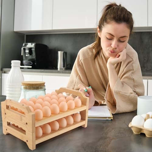 Egg Holder, 2 Tier Egg Holder Countertop, Bamboo Egg Organizer and Storage for Gathering 48 Fresh Eggs, Egg Stackable Stand Rack, Egg Basket for Kitchen Farmhouse